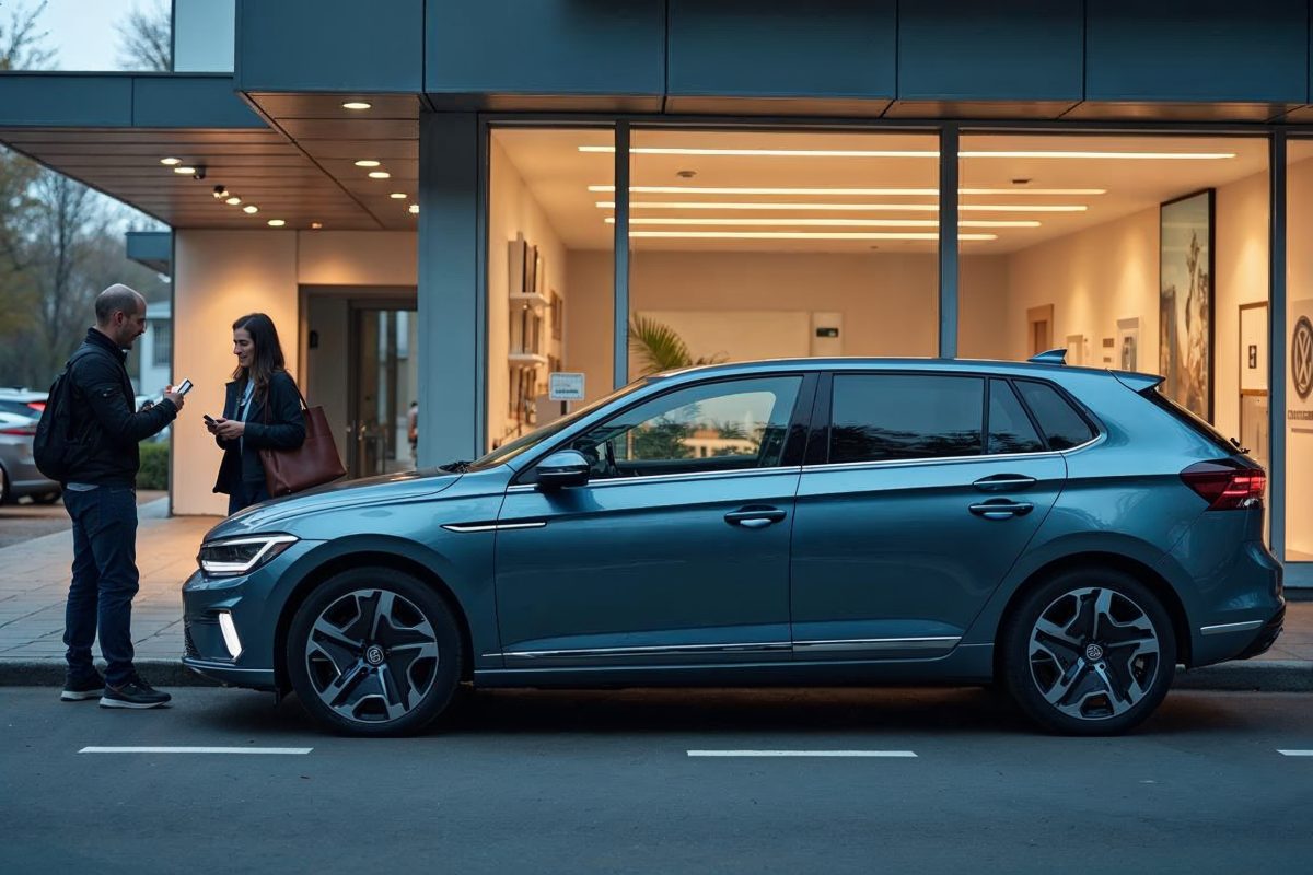 Client déverrouille une Volkswagen électrique avec smartphone devant concession moderne