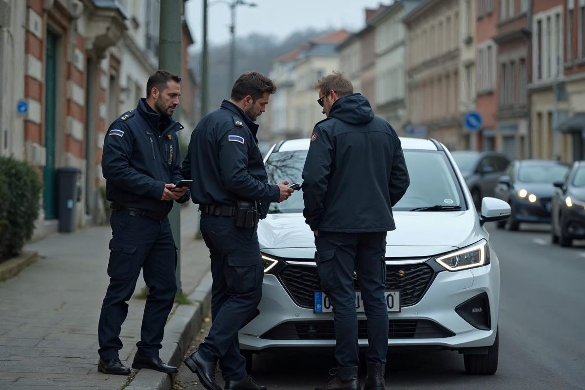 Gendarmes examinant une voiture française ciblée par des voleurs