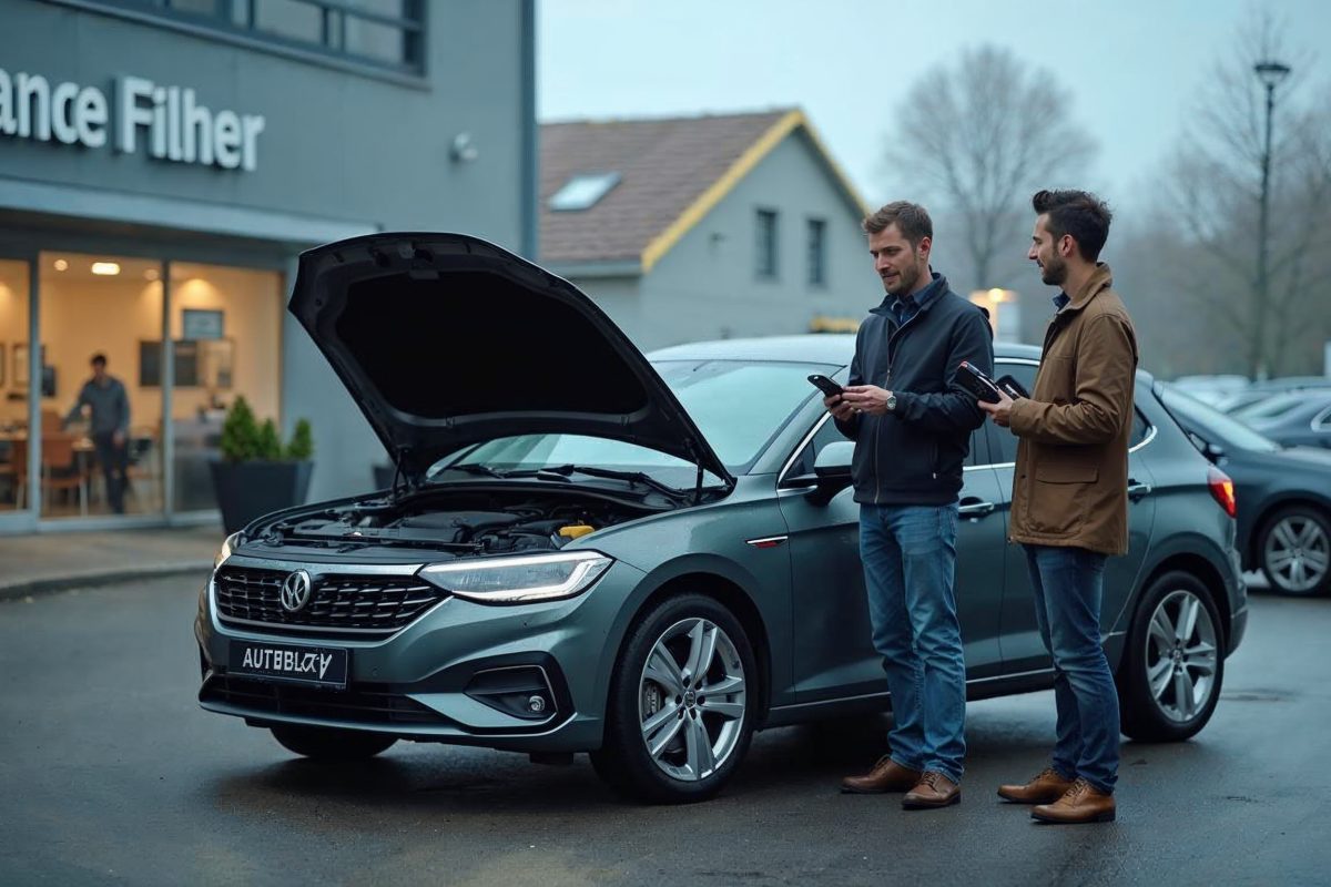 Acheteur inspectant un diesel d’occasion capot ouvert