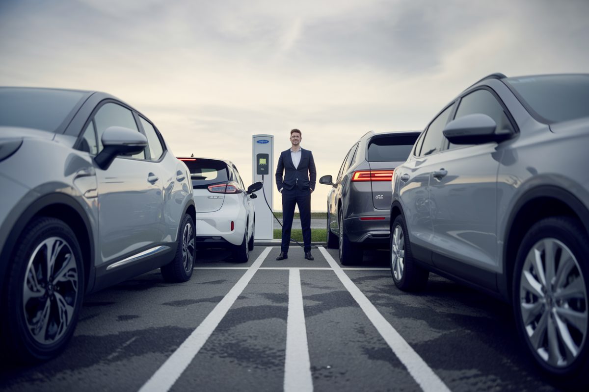 Un conducteur compare une voiture électrique, hybride et thermique sur un parking