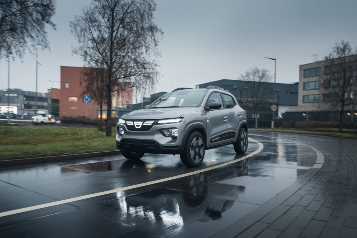 Une Dacia Spring 100 ch roule sur une rocade humide